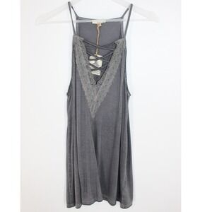 Easel Tank Top Lace Trim Strappy V-Neck Size M Gray ET8693